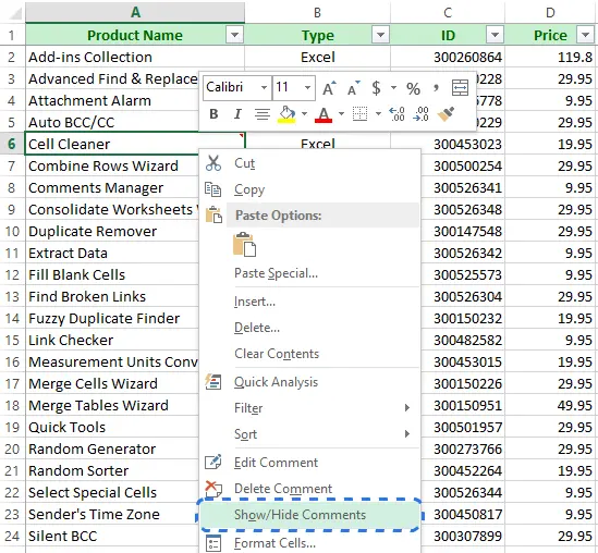 How to insert notes in Excel, add pictures to notes, show and hide notes