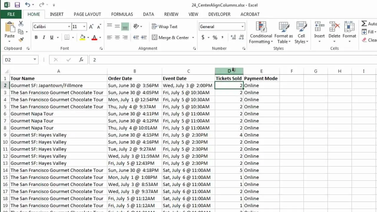 How to justify columns in Excel