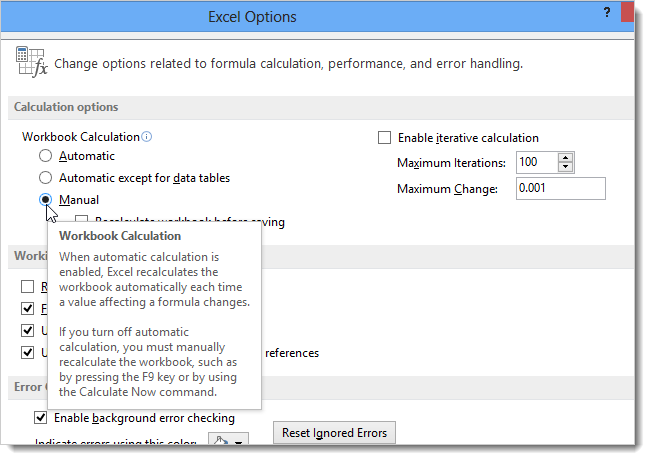 How to manage automatic and multi-threaded calculation modes in Excel 2013