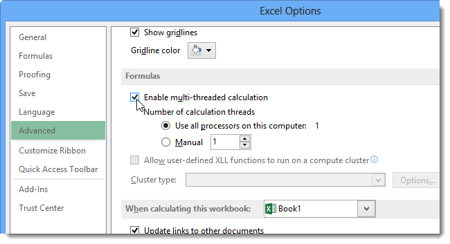 How to manage automatic and multi-threaded calculation modes in Excel 2013