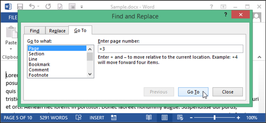 How to move a given number of pages forward or backward in Word 2013