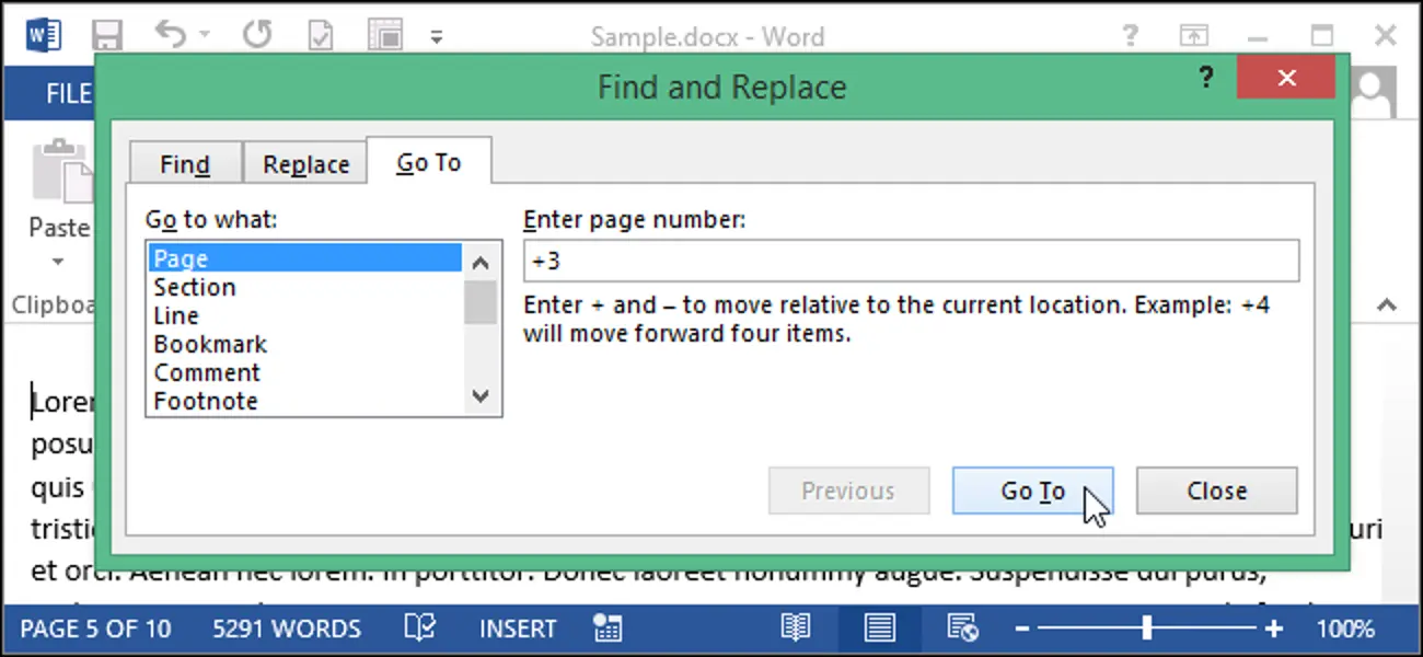 How to move a given number of pages forward or backward in Word 2013