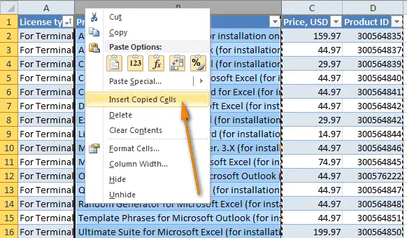 How to move a table down in Excel