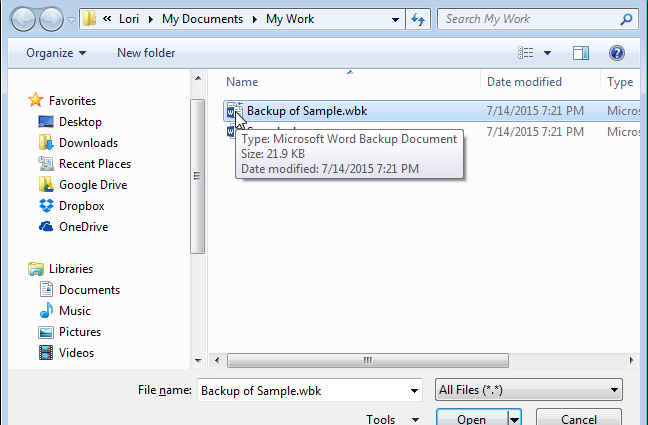 How to open a backup file in Word