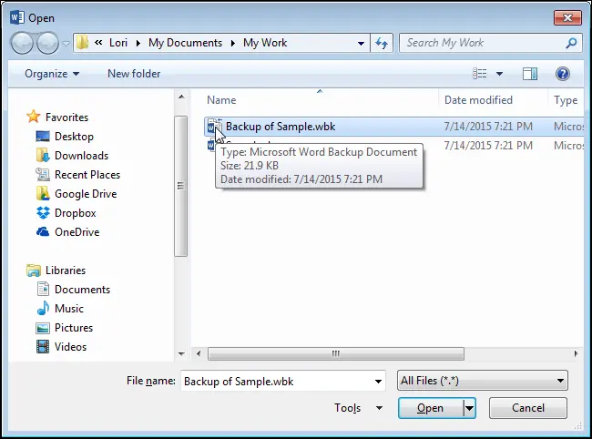 How to open a backup file in Word