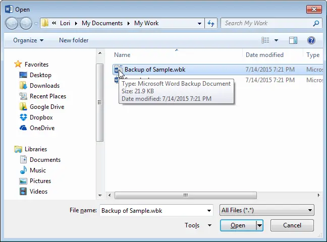 How to open a backup file in Word