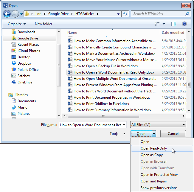 How to open a Word document in read-only mode
