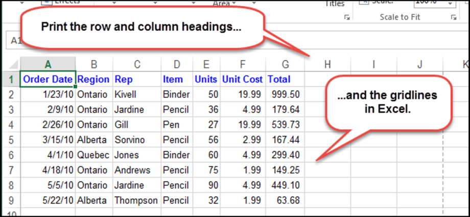 How to print a grid and row and column headers in Excel