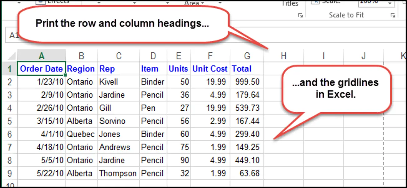 How to print a grid and row and column headers in Excel