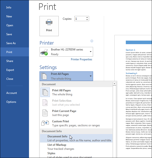 How to print document properties in Word