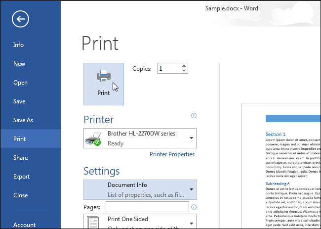 How to print document properties in Word