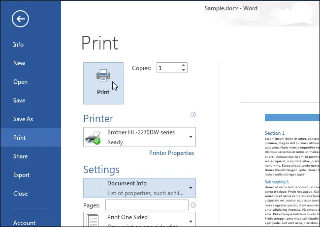 How to print document properties in Word