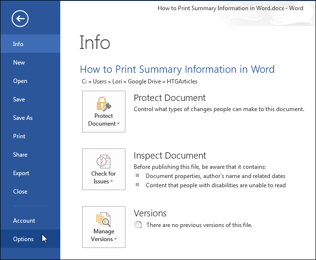 How to print document properties in Word