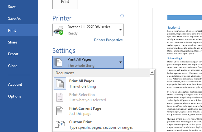 How to print document properties in Word