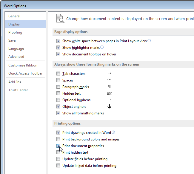 How to print document properties in Word