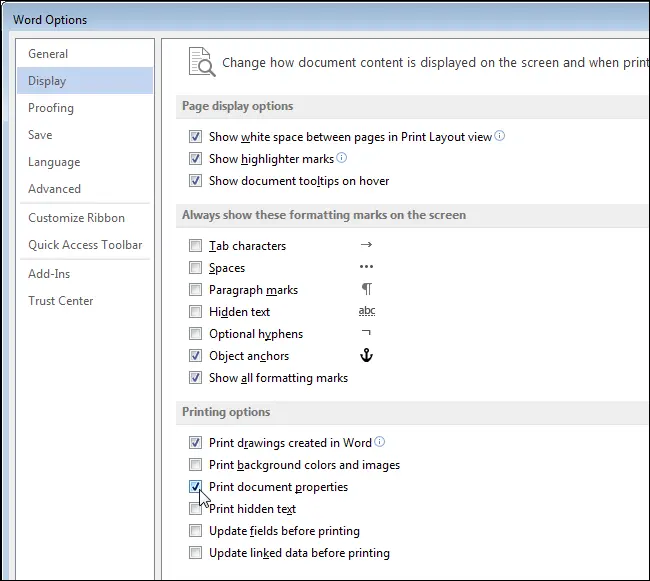 How to print document properties in Word