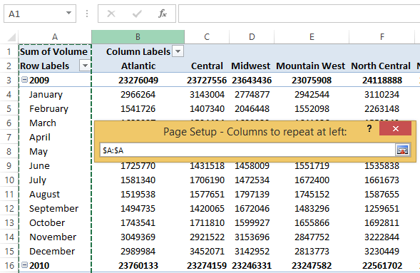 How to print headings (titles) of rows and columns in Excel on each page