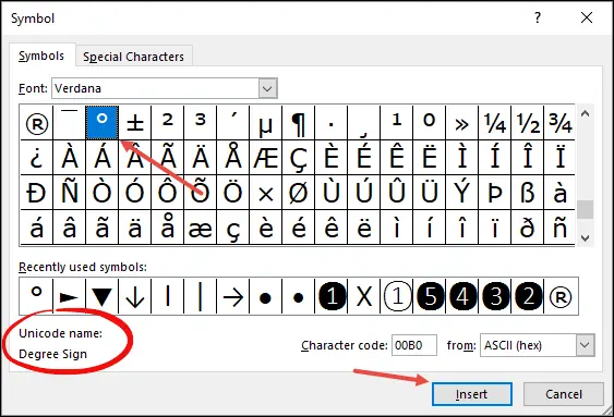 How to put degrees in excel