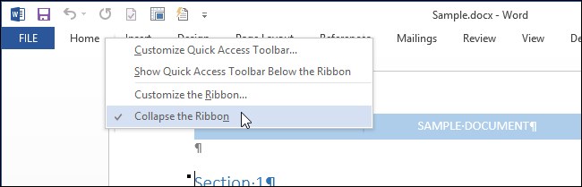 How to quickly expand or collapse the ribbon in Office 2013