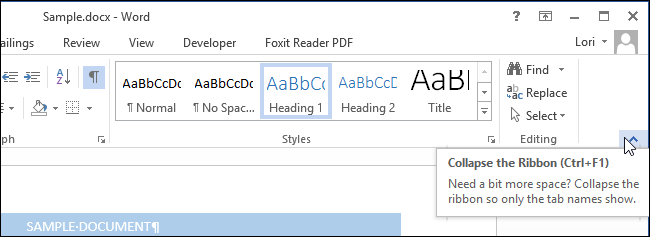 How to quickly expand or collapse the ribbon in Office 2013