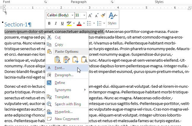 How to quickly format text in Word using the context menu