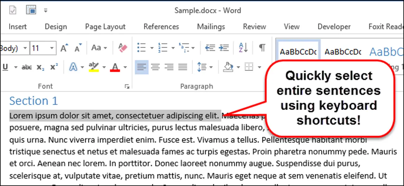 How to quickly highlight an entire sentence in Word 2013