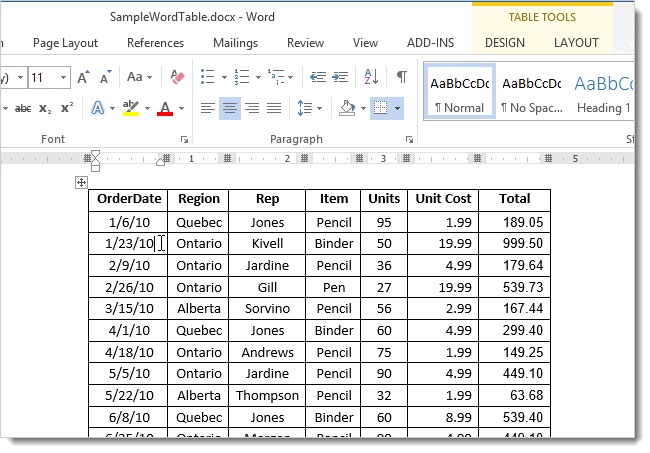 How to quickly move a row in a Word 2013 table