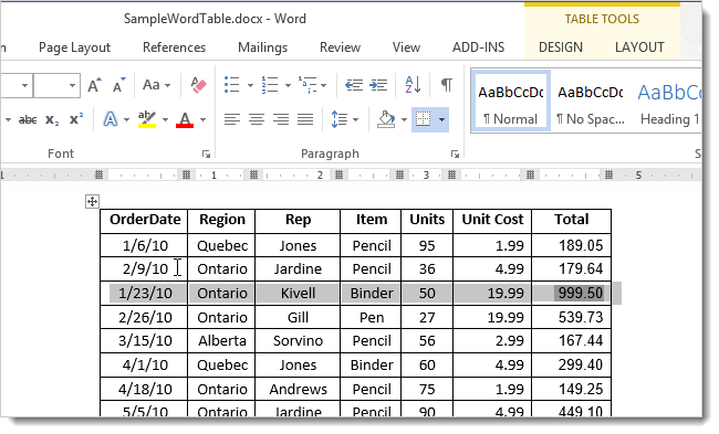 How to quickly move a row in a Word 2013 table