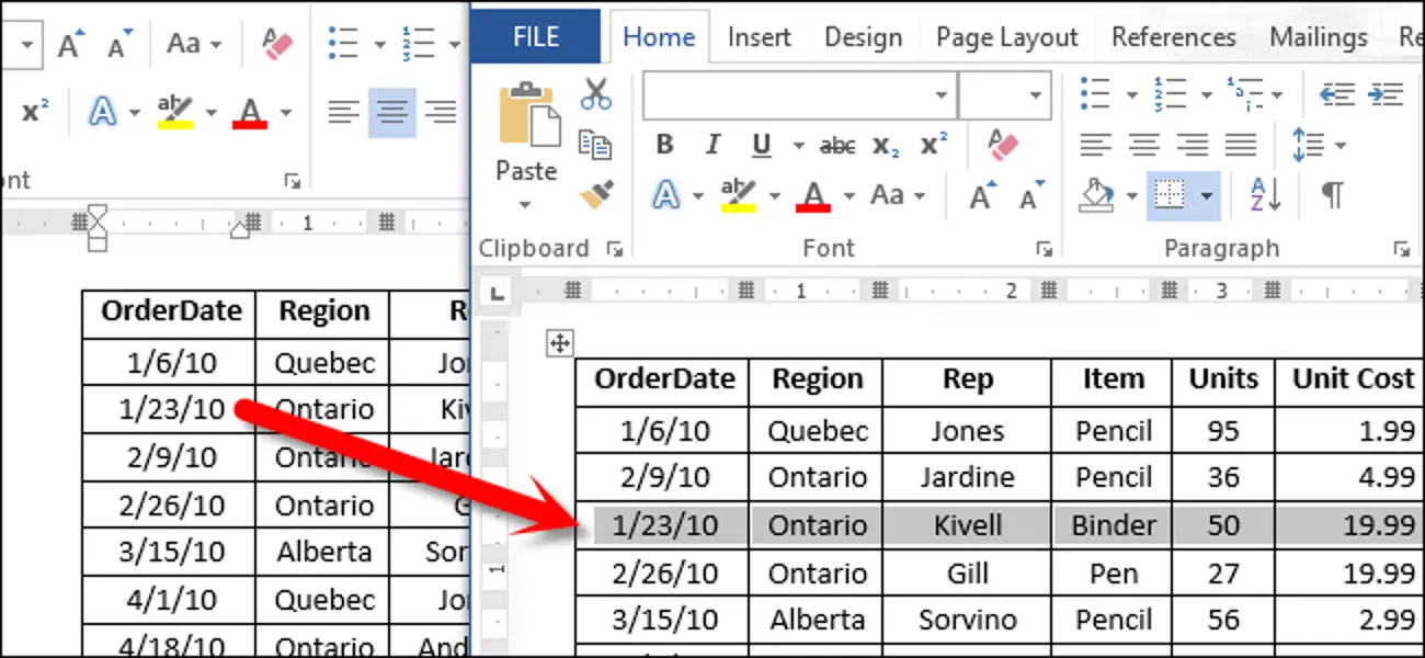 How to quickly move a row in a Word 2013 table