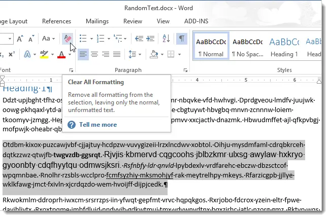 How to Remove All Formatting in a Selection in a Word 2013 Document