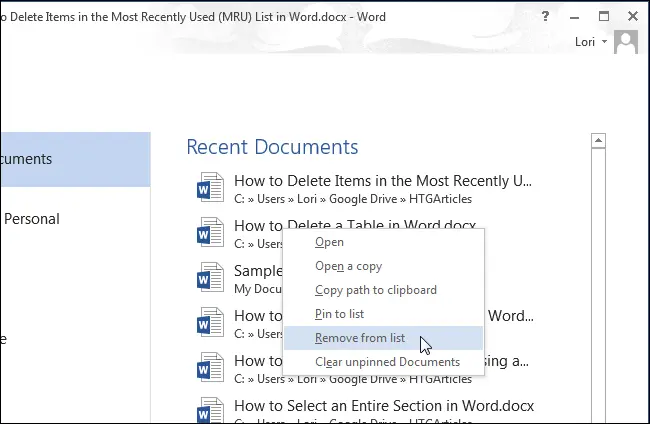 How to remove items from the Recent Documents list in Office applications