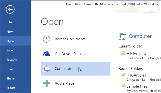 How to remove items from the Recent Documents list in Office applications