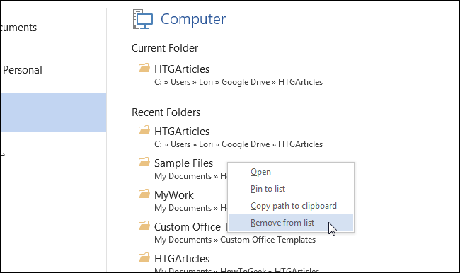 How to remove items from the Recent Documents list in Office applications