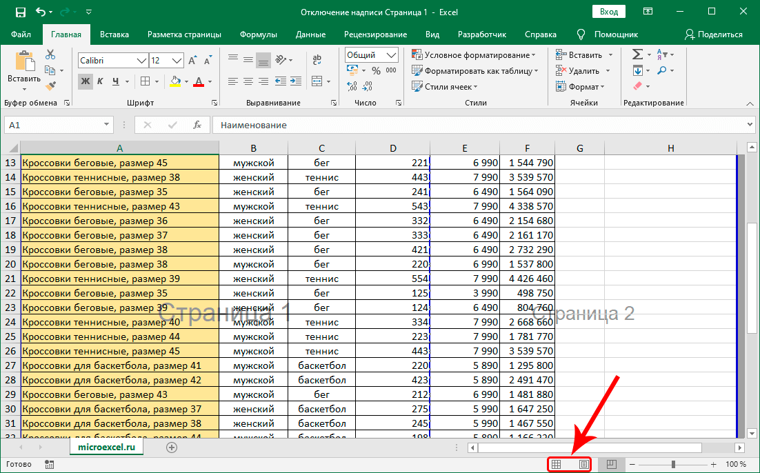 How to remove the inscription Page 1 in Microsoft Excel