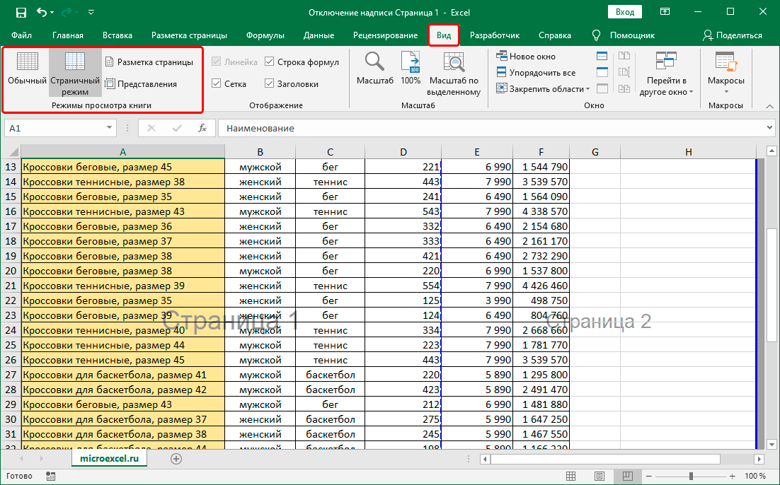 How to remove the inscription Page 1 in Microsoft Excel