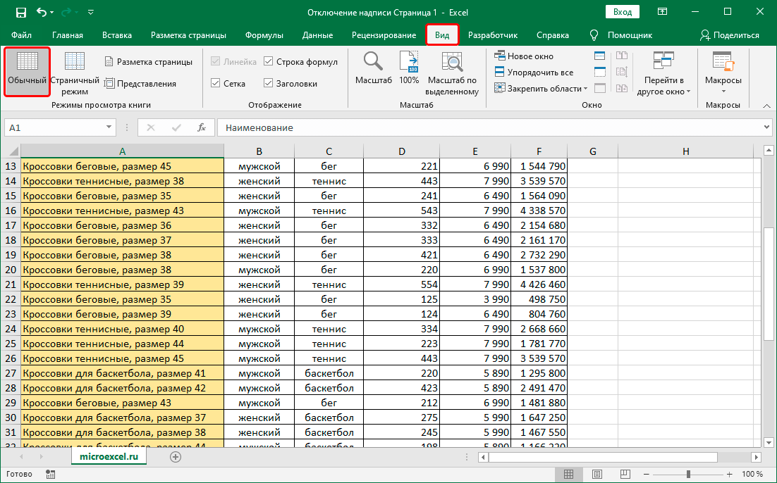 How to remove the inscription Page 1 in Microsoft Excel