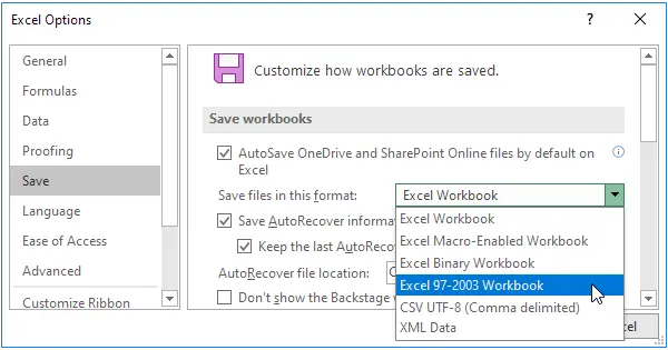 How to save in Excel 97-2003 format