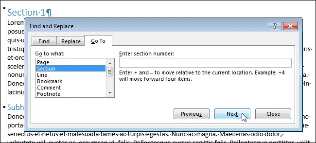 How to select an entire section in Word