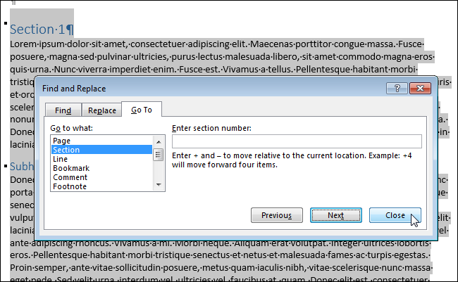 How to select an entire section in Word