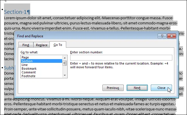 How to select an entire section in Word