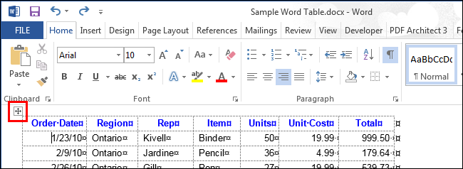 How to select an entire table or part of it in Word
