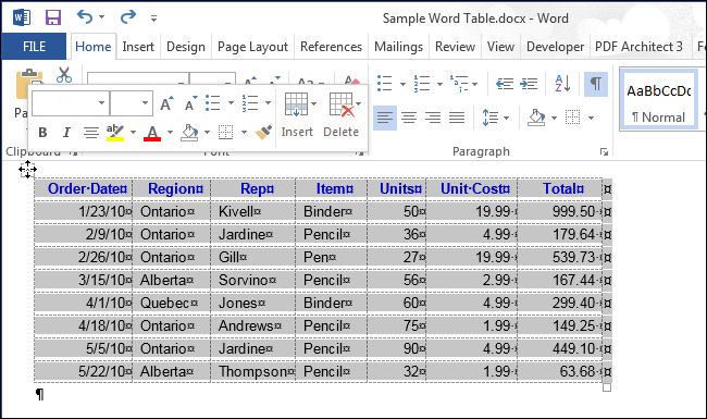 How to select an entire table or part of it in Word