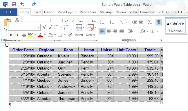 How to select an entire table or part of it in Word