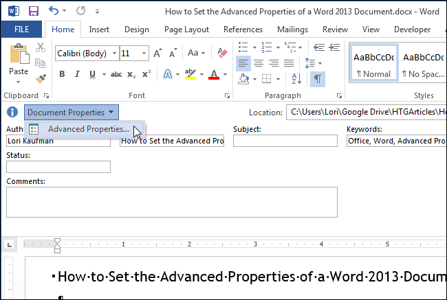 How to set advanced Word document properties