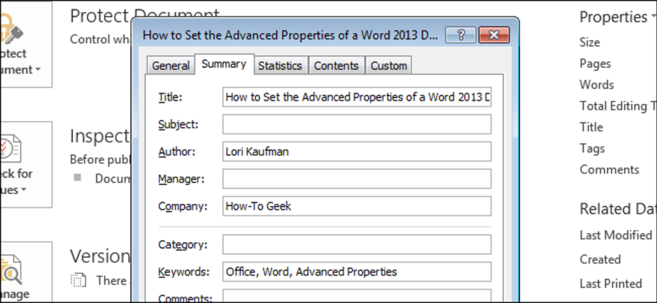 How to set advanced Word document properties