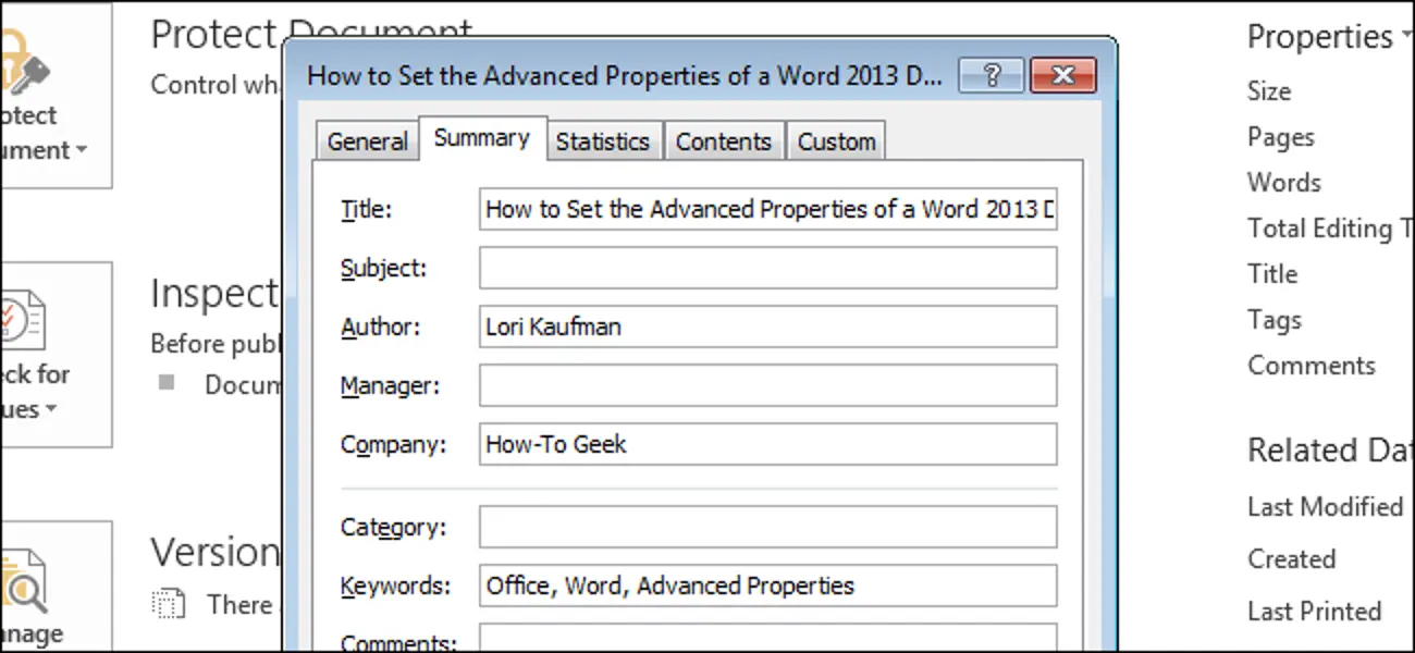 How to set advanced Word document properties