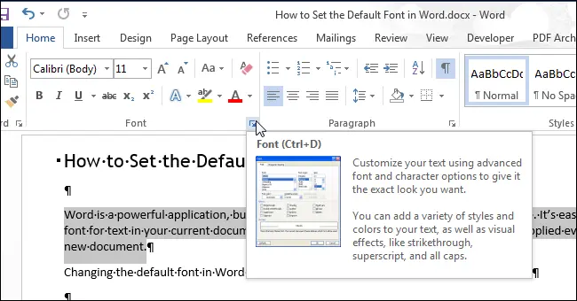 How to set the default font in Word