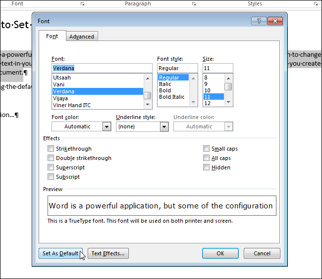 How to set the default font in Word