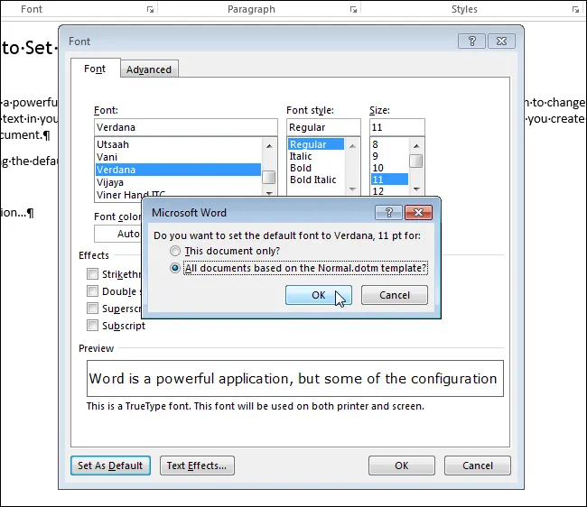 How to set the default font in Word