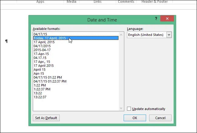 How to set the default long and short date and time formats in Word